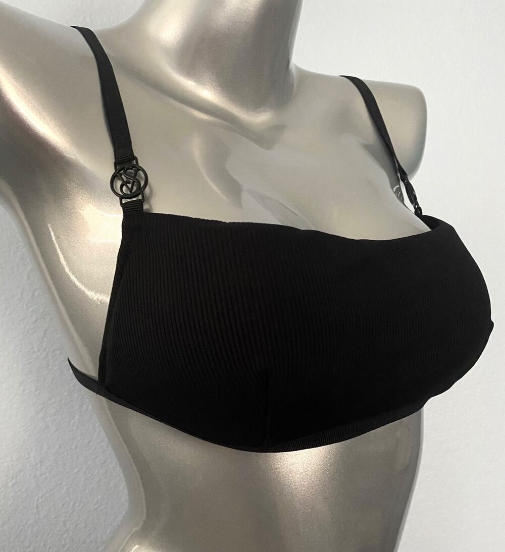 Victoria's Secret Swim Bikini Top Black Ribbed Logo Hardware Medium M